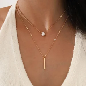 2 peças conjunto colar strass pingo d’água & retângulo