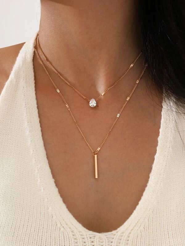 2 peças conjunto colar strass pingo d’água & retângulo