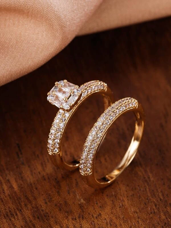 2 peças de anel Dourado ou Prata de decoração de zircônia